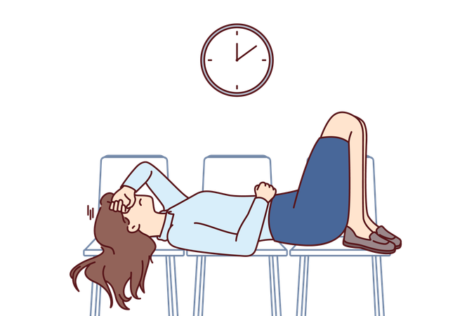 Tired businesswoman sleeps on office chairs at work  일러스트레이션
