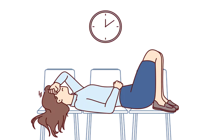Tired businesswoman sleeps on office chairs at work  일러스트레이션