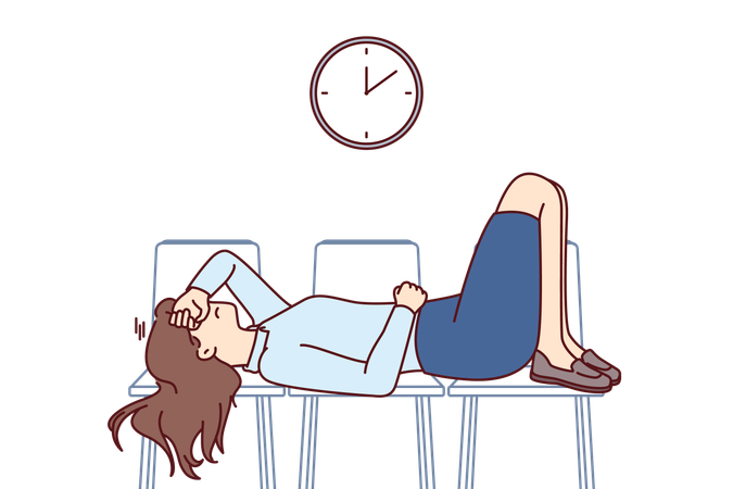 Tired businesswoman sleeps on office chairs at work  Illustration