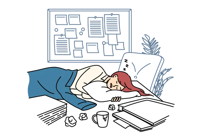 Tired businesswoman sleeps on office desk among papers and kanban board due to strict deadlines  Illustration