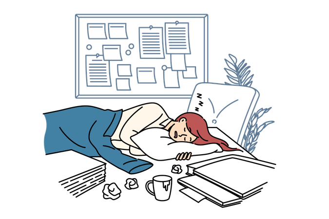 Tired businesswoman sleeps on office desk among papers and kanban board due to strict deadlines  Illustration