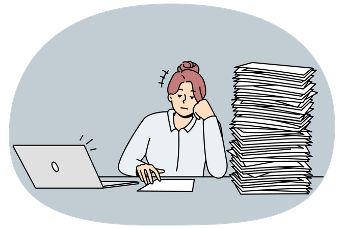 Tired businesswoman with pile of paperwork  Illustration