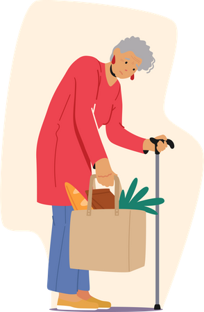 Tired elderly woman carry grocery bag Illustration