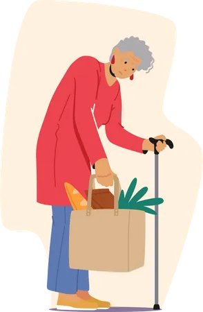 Tired elderly woman carry grocery bag Illustration