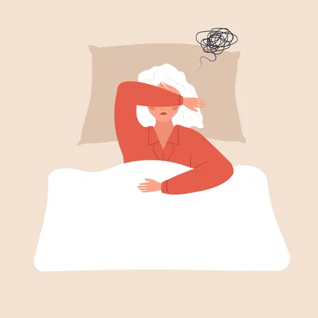 Tired elderly woman lying in bed and suffer from headache  Illustration