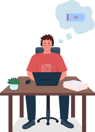 Tired Employee At Work Desk Flat Color Vector Detailed Character Fatigue From Overwork Burnout And Stress From Job Isolated Cartoon Illustration For Web Graphic Design And Animation Illustration