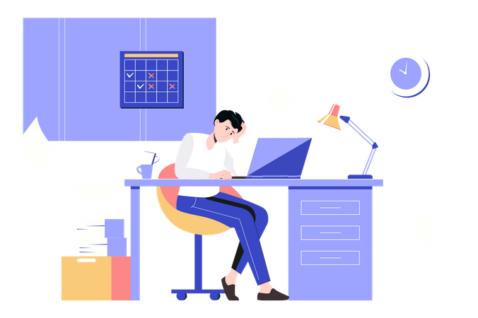 Tired employee doing paperwork and staying late at work Illustration