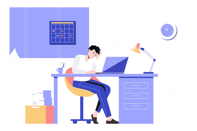 Tired employee doing paperwork and staying late at work Illustration