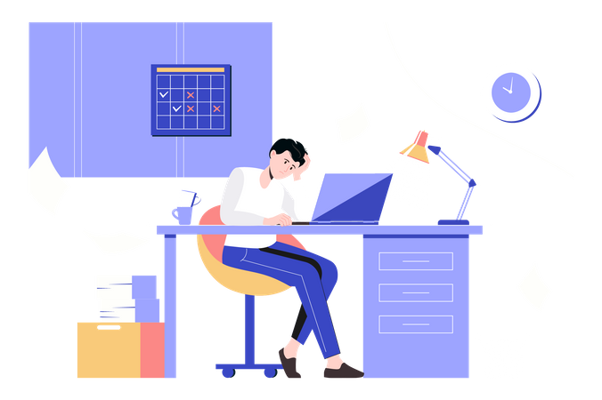 Tired employee doing paperwork and staying late at work  Illustration