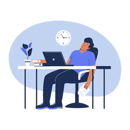 Tired Employee Sitting At Work Flat Vector Illustration Illustration