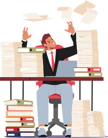 Tired Exasperated Office Worker Sitting at Desk with Document Piles Throwing Papers in Air Illustration