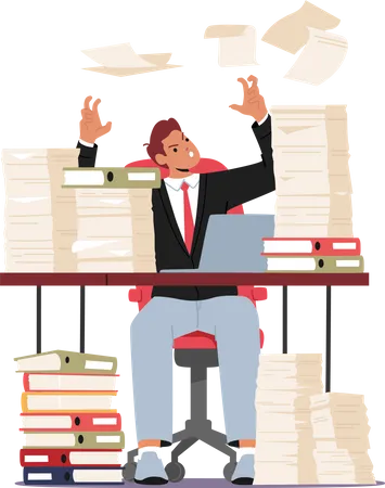 Tired Exasperated Office Worker Sitting at Desk with Document Piles Throwing Papers in Air  Illustration