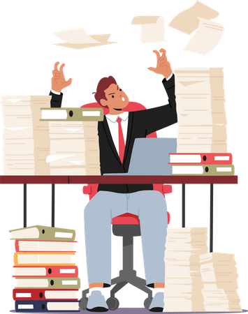 Tired Exasperated Office Worker Sitting at Desk with Document Piles Throwing Papers in Air  Illustration