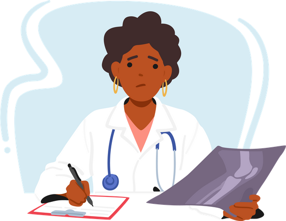 Tired Female Doctor Analyzing An X-ray Image At Her Desk  Illustration