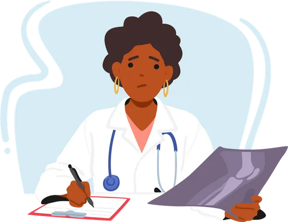 Tired Female Doctor Analyzing An X-ray Image At Her Desk  Illustration