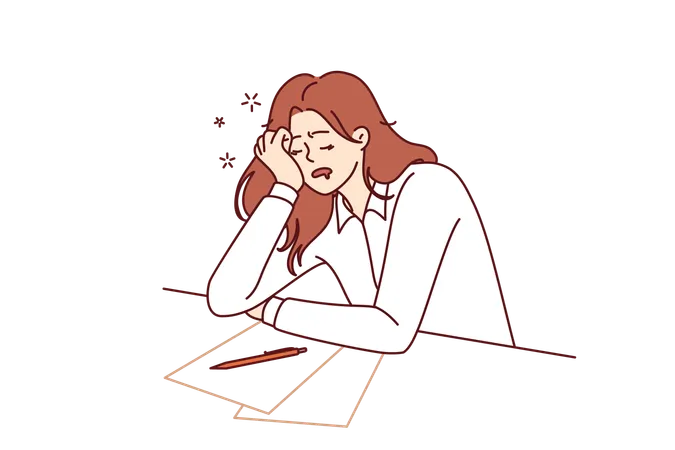 Tired Girl Student Sleeps Sitting At Table With Papers While Filling Out Test Or Preparing For Exams Concept Of Burnout And Overload During Training Before College Or University Entrance Exams Illustration