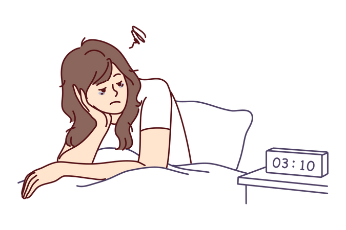 Tired girl watching alarm clock  Illustration