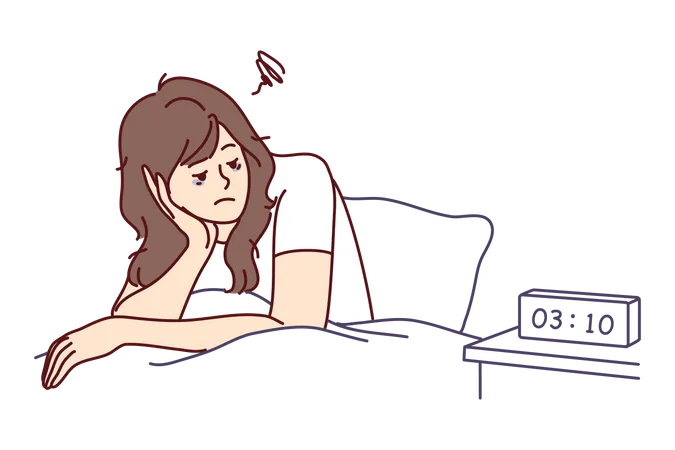 Tired girl watching alarm clock  Illustration