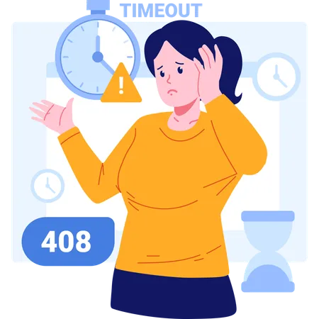 Tired girl with Error 408 Request Timeout  Illustration