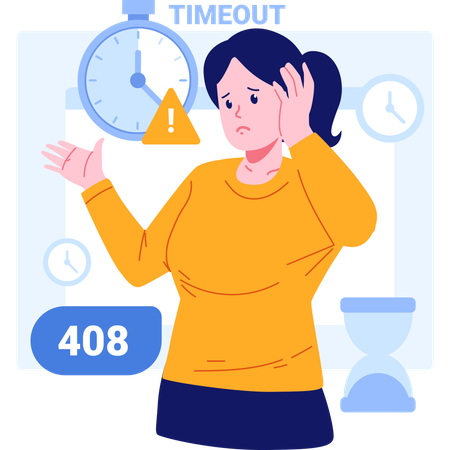Tired girl with Error 408 Request Timeout Illustration