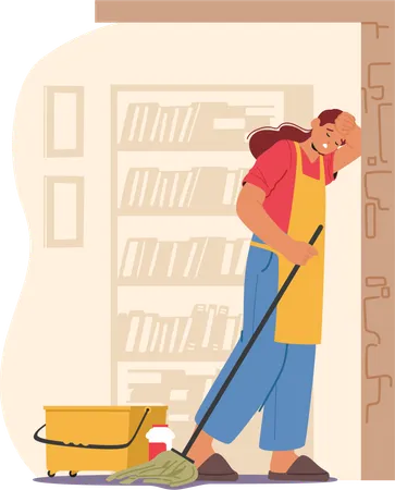 Tired Housewife Surrounded By Chores Battles Fatigue With Every Sweeping Motion Weary Eyes Reflect Endless Cycle Of Domestic Duties Silent Struggle Within The Confines Of Home Vector Illustration Illustration