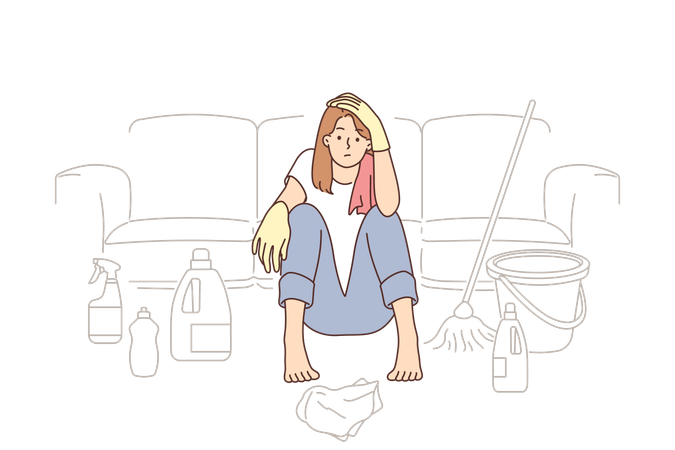 Tired housewife woman sits on floor near detergents and bucket with mop  Illustration