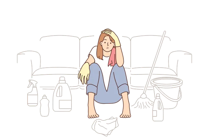 Tired Housewife Woman Sits On Floor Near Detergents And Bucket With Mop Feels Lack Of Strength And Burnout Housewife Girl Resting After Completed Housework Or Needs Maid Help To Clean Big House Illustration