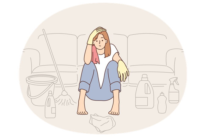 Tired housewife woman sits on floor near detergents and bucket with mop feels lack of strength  Illustration