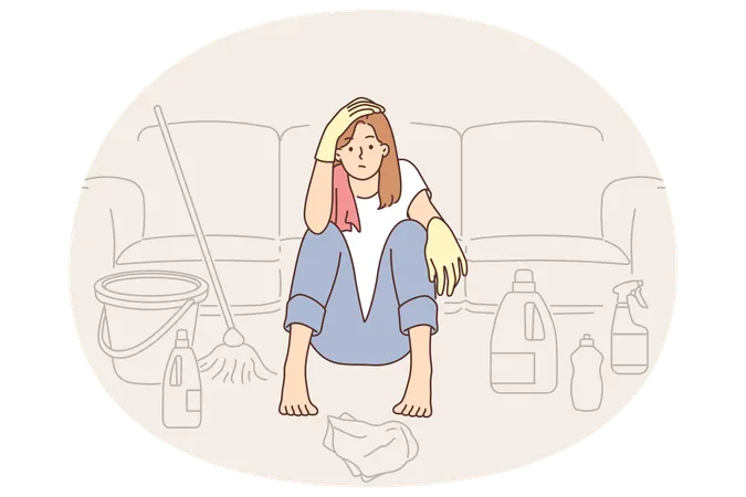 Tired housewife woman sits on floor near detergents and bucket with mop feels lack of strength  Illustration