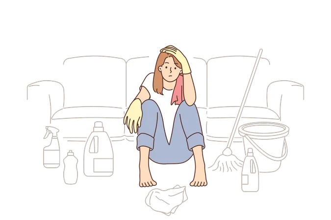 Tired housewife woman sits on floor near detergents and bucket with mop  Illustration