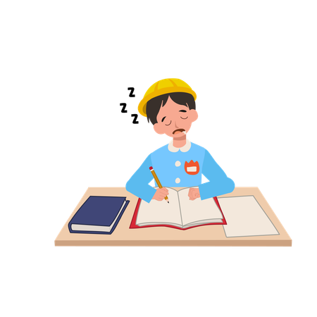 Tired kindergarten boy in japanese uniform sleeping at desk in classroom  Illustration