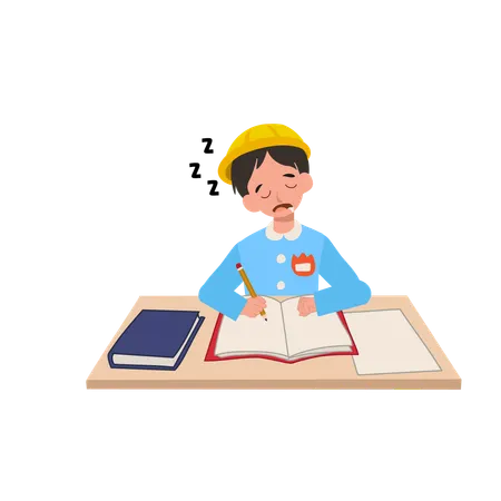 Tired kindergarten boy in japanese uniform sleeping at desk in classroom  Illustration