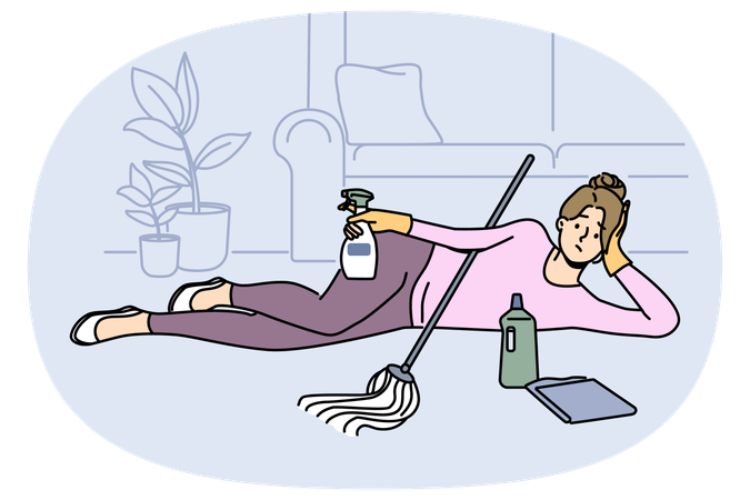 Tired lazy woman lying on floor while cleaning  Illustration