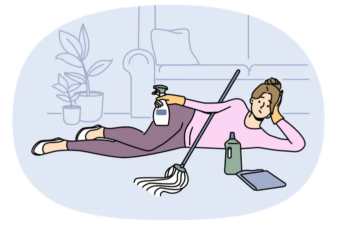 Tired lazy woman lying on floor while cleaning  Illustration