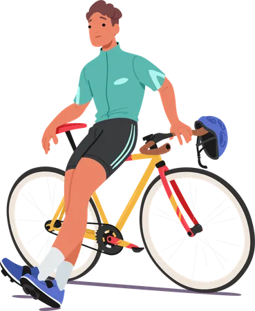 Tired Male Cyclist Character Clad In Sports Attire Finds Repose By Leisurely Sitting Atop The Sleek Frame Of Bicycle Embodying A Moment Of Serene Relaxation Cartoon People Vector Illustration Illustration