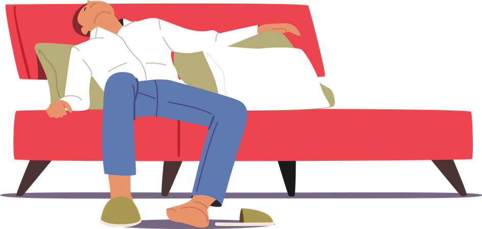 Tired Male Sleep Like a Log Lying on Bed  Illustration