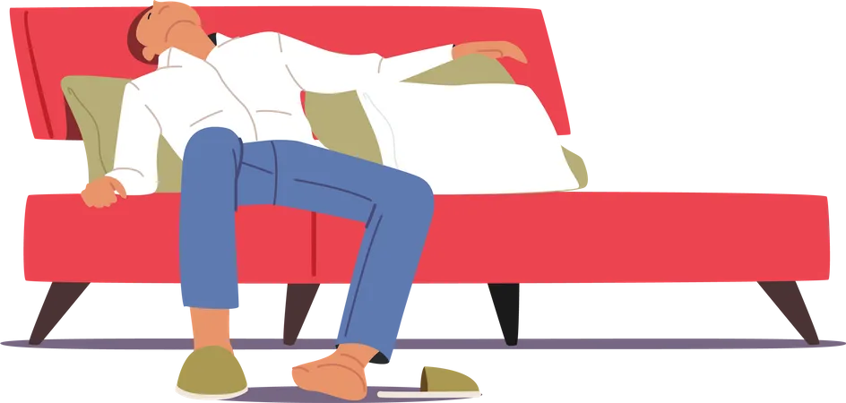 Tired Male Sleep Like a Log Lying on Bed  Illustration