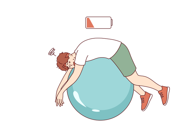 Tired man lies on fitness ball with empty battery  Illustration