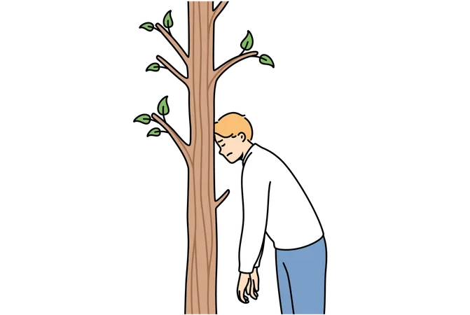 Tired man rests forehead on tree to rest after long walk in fresh air and standing alone in forest  Illustration