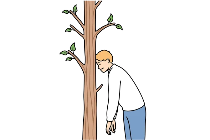 Tired Man Rests Forehead On Tree To Rest After Long Walk In Fresh Air Stands Alone In Forest Tired Guy Feels Exhausted And Needs Sleep To Restore Energy Or Strength Spent On Hike Illustration