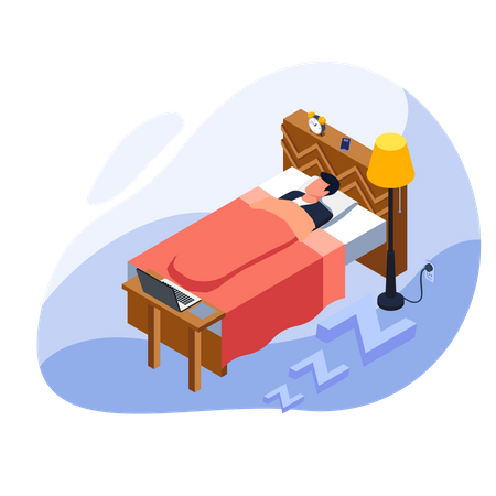 Tired man sleeping on bed Illustration