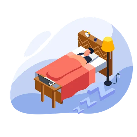 Tired man sleeping on bed  Illustration