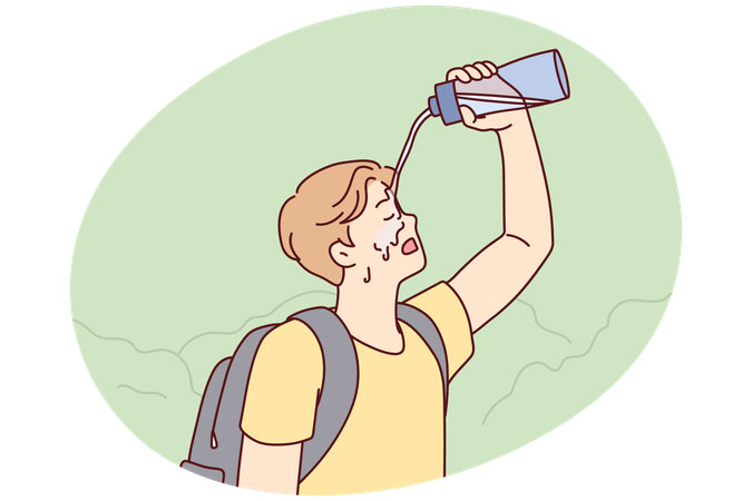 Tired man tourist pouring water on face during long walk in nature in hot weather  Illustration