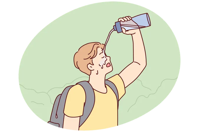 Tired man tourist pouring water on face during long walk in nature in hot weather  Illustration