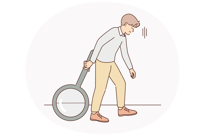 Tired man with magnifier exhausted of searching  Illustration