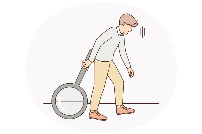 Tired man with magnifier exhausted of searching  Illustration