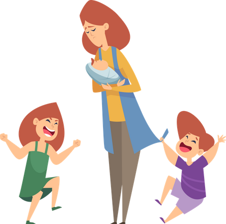 Tired mom with naughty kids Illustration