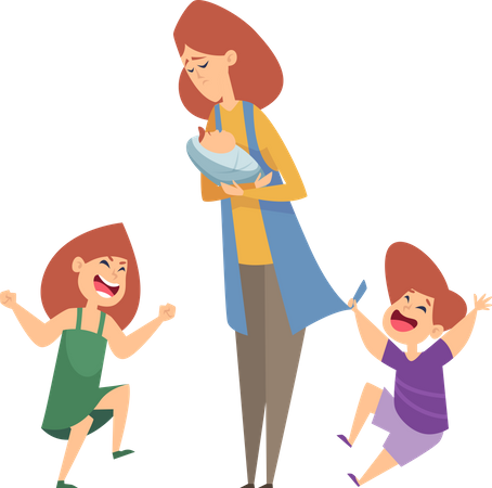 Tired mom with naughty kids  Illustration