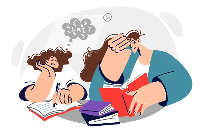 Tired Mother Helps Daughter Do Homework And Clutches Head Seeing Complex Mathematical Example Upset Teacher Sits With Student From Elementary School At Same Table With Mathematical Books Illustration