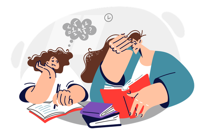 Tired mother helps daughter do homework  Illustration